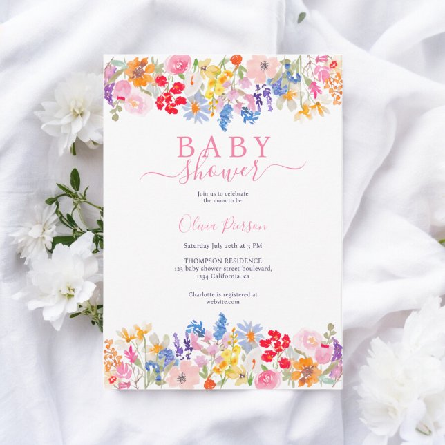 Invitation Baby shower de script fleur sauvage du jardin mode (Modern garden wildflowers script baby shower invitation)