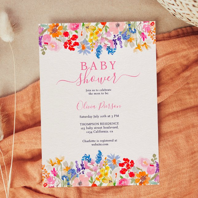 Invitation Baby shower de script fleur sauvage du jardin mode (Modern garden wildflowers script baby shower invitation)
