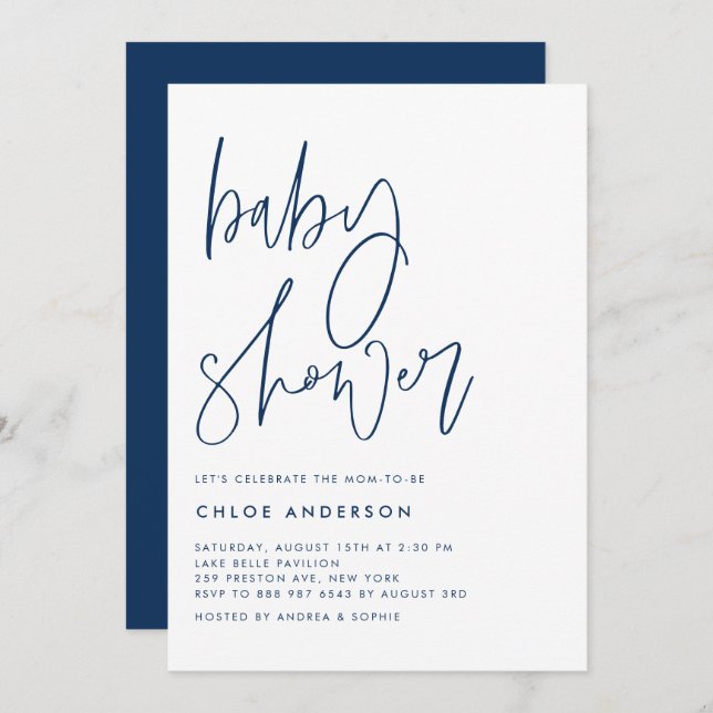 Invitation Baby shower de script manuscrit bleu marine (Devant / Derrière)