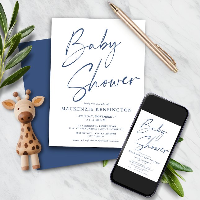 Invitation Baby shower de script manuscrit simple et bleu mod (Modern Blue Simple Handwritten Script Baby Shower Invitation with Instant Download Option)