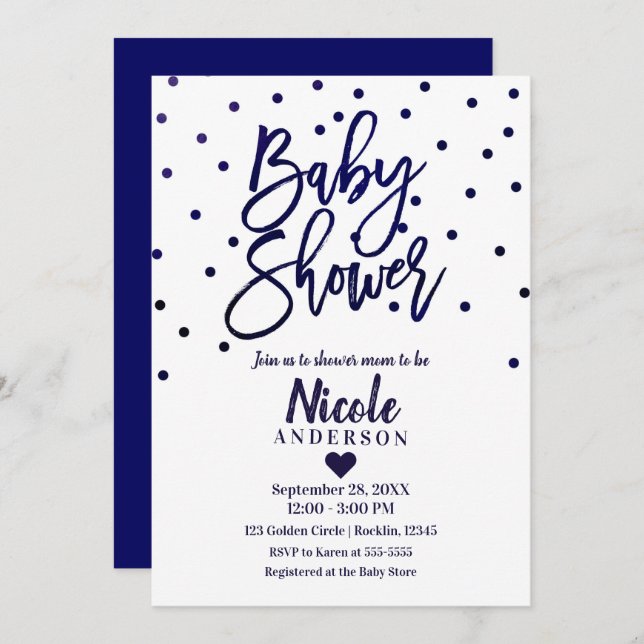 Invitation Baby shower de script moderne bleu marine Confetti (Devant / Derrière)