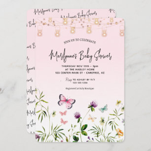 Invitation Baby shower de script rose papillon fleur sauvage