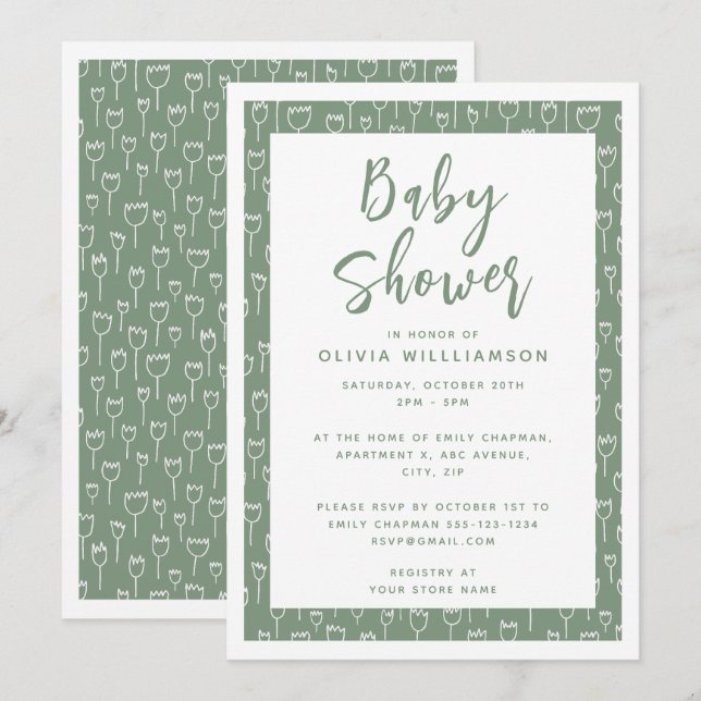 Invitation Baby shower de script vert Sage moderne (Devant / Derrière)