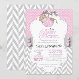 Invitation Baby shower de singe gris rose et blanc