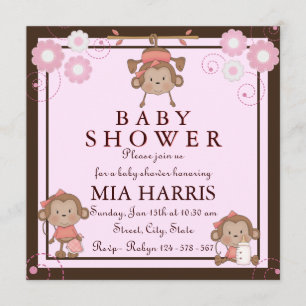 Invitation Baby shower de singe rose