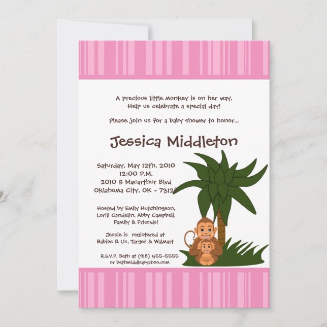 Invitation Baby shower de singe rose Fille 5x7 (Devant)