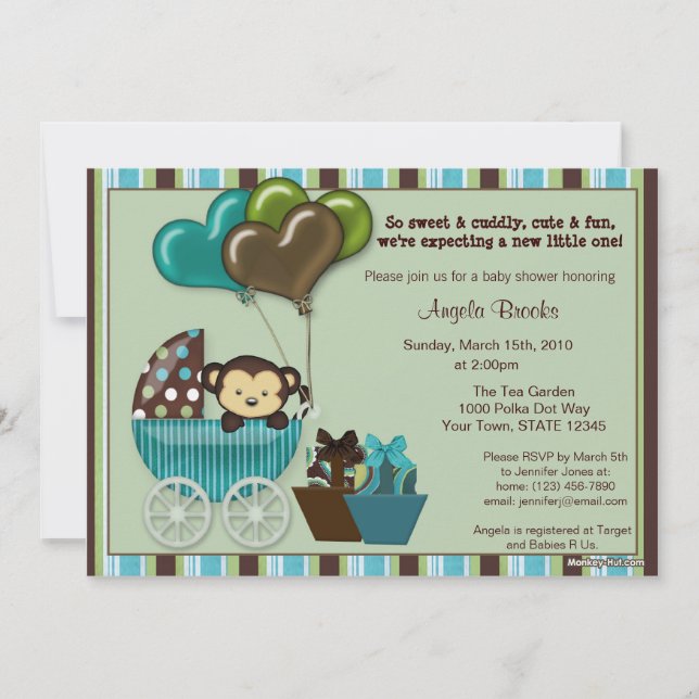 Invitation Baby shower de singe TURQUOISE (Devant)