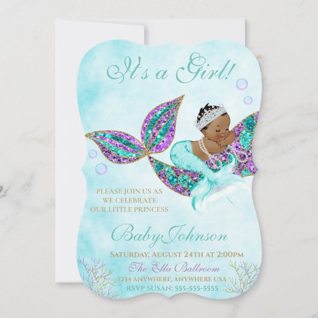 Invitation Baby shower de sirène afro-américain Parties scint (Devant)
