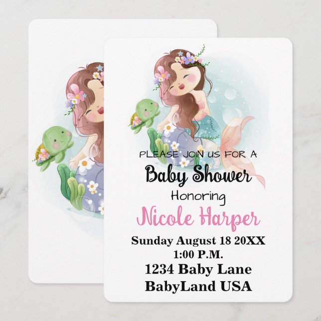 Invitation Baby shower de sirène et tortue (Devant / Derrière)