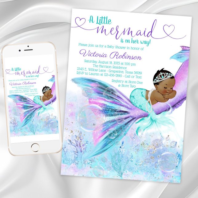 Invitation Baby shower de sirène ethnique afro-américaine (African American Mermaid Baby Shower Invitation. Instant download and printed invitations available.)