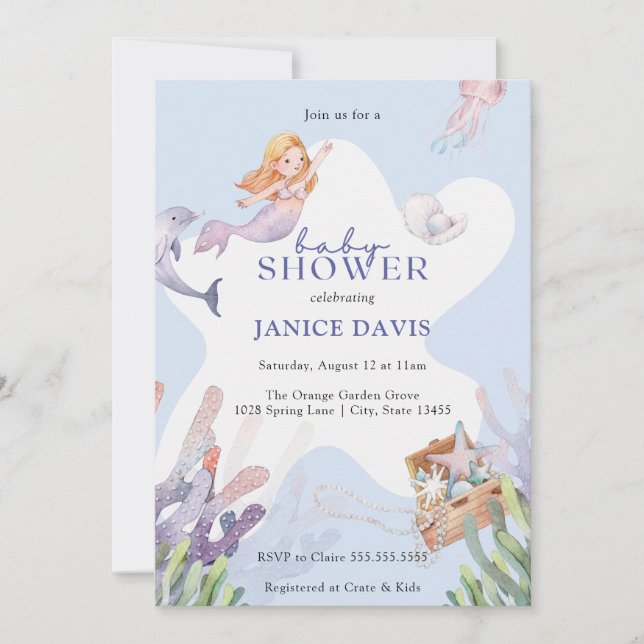 Invitation Baby shower de sirène illustrée (Devant)