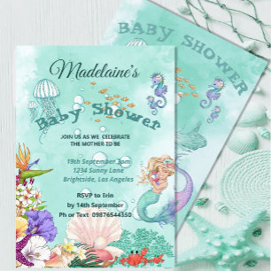 Invitation Baby shower De Sirène Mignonne Vert Sous La Mer