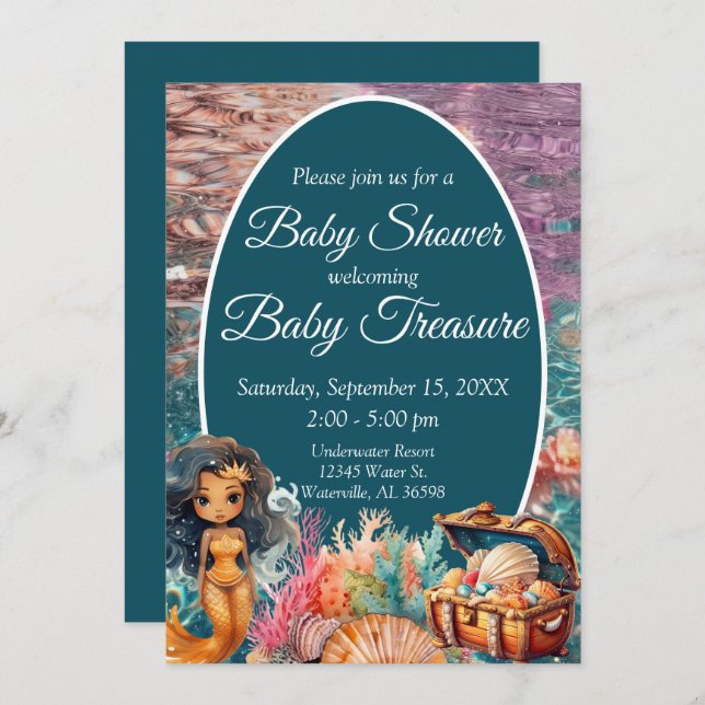 Invitation Baby shower de sirène noire (Devant / Derrière)