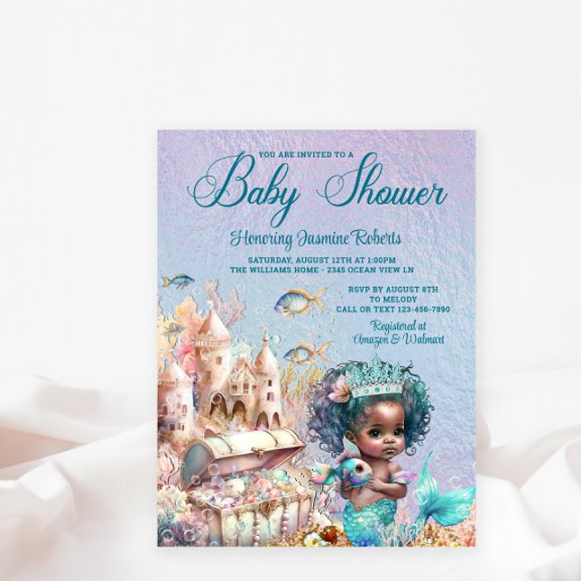 Invitation Baby shower de sirène noire (Cute mermaid baby shower postcard.)