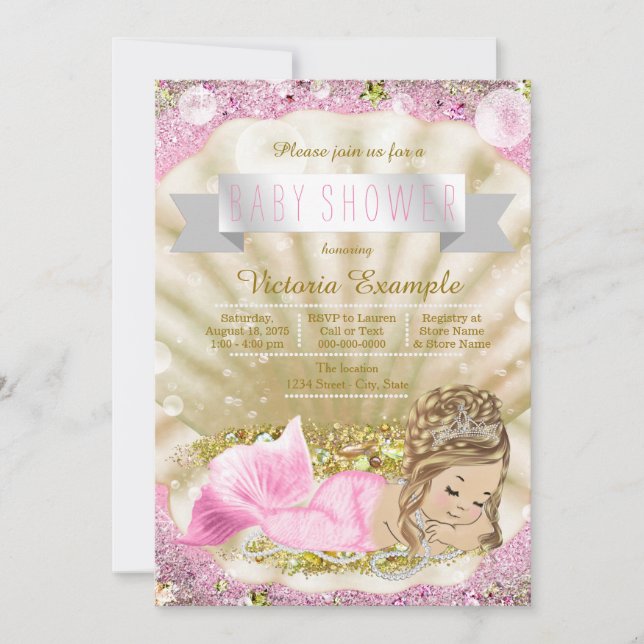 Invitation Baby shower de sirène rose et doré (Devant)