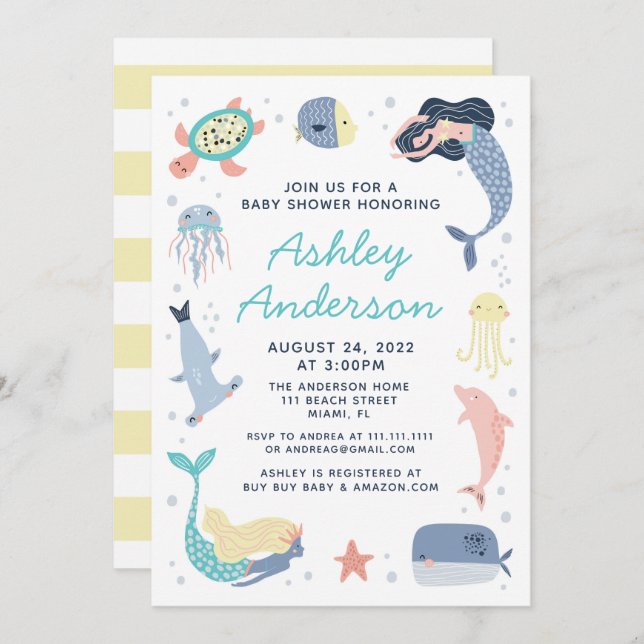 Invitation Baby shower de sirènes d'animaux marins (Devant / Derrière)
