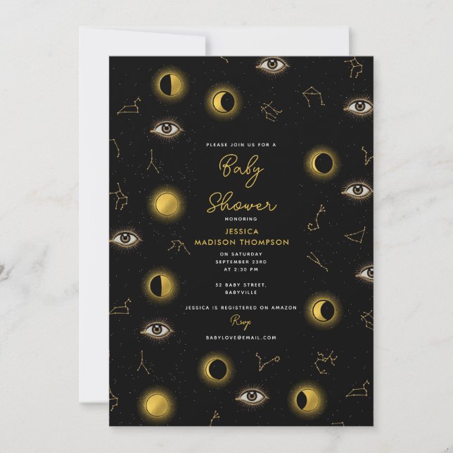 Invitation Baby shower de soleil et de lune céleste d'or noir (Devant)
