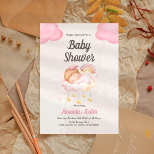 Invitation Baby shower de sommeil pour bébé beige et rose pas