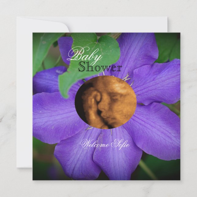 Invitation Baby shower de sonogramme violet "enfant de fleurs (Devant)