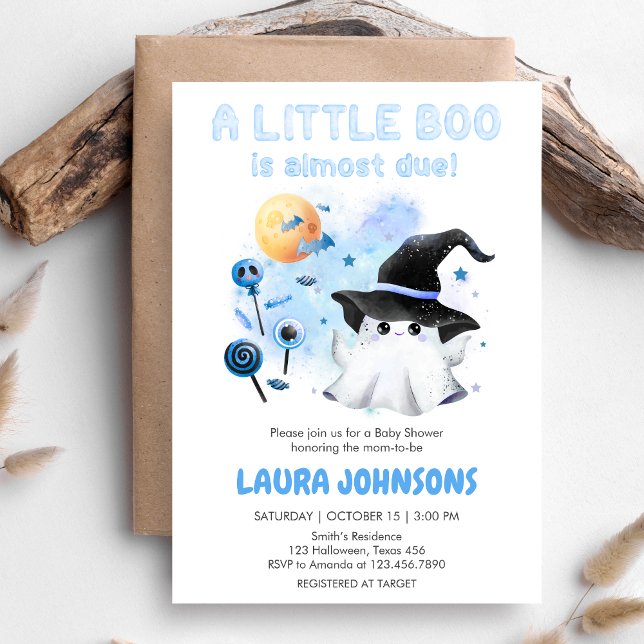 Invitation Baby shower de sorcière Blue Little Boo Ghost (Little Boo Baby Shower Invitation)