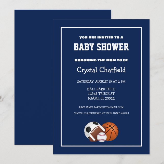 Invitation Baby shower de sports bleu marine (Devant / Derrière)