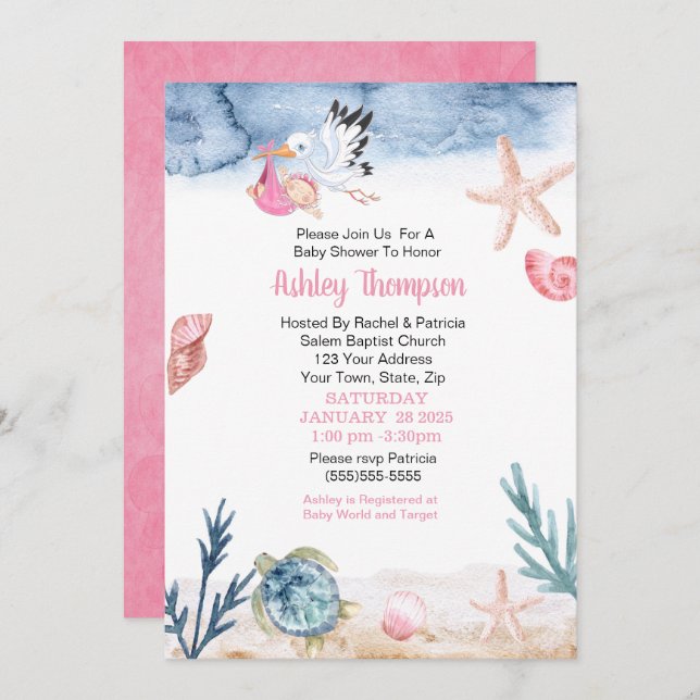 Invitation Baby shower de Stork et Ocean Girl (Devant / Derrière)