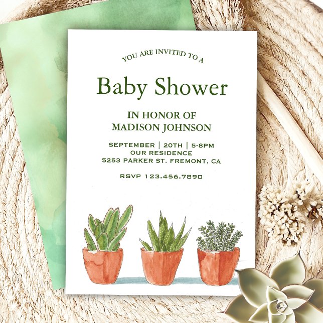 Invitation Baby shower de succulents d'aquarelle verte (Créateur téléchargé)