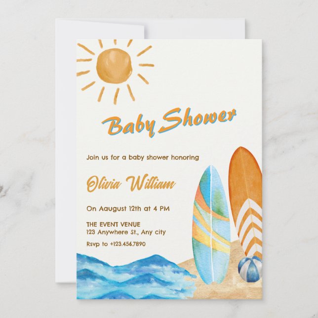 Invitation baby shower de surf beach party (Devant)