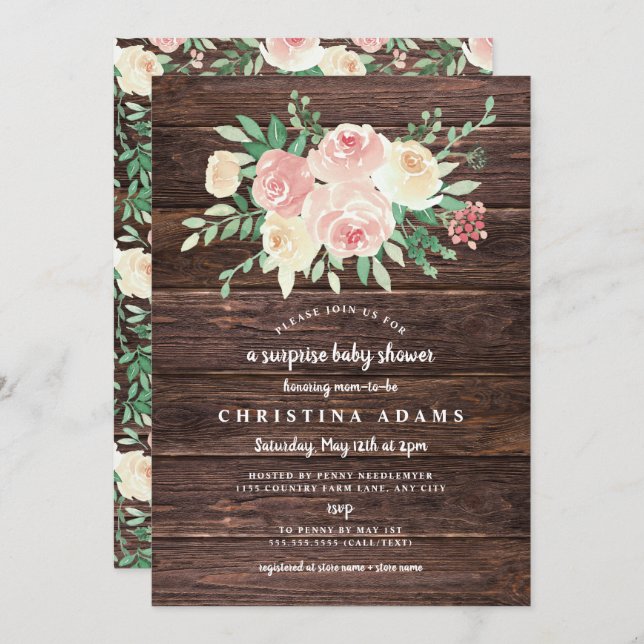 Invitation Baby shower de surprise Floral Rustic Wood Blush (Devant / Derrière)