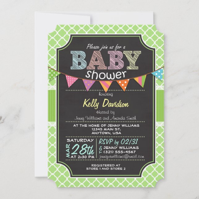 Invitation Baby shower de tableau de bord; Lime Green Quatref (Devant)