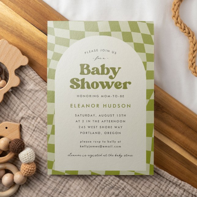 Invitation Baby shower de tableau de bord Super Green Retro l (Baby shower invitation with a retro, groovy, 70s theme. Features a green checkerboard pattern.)