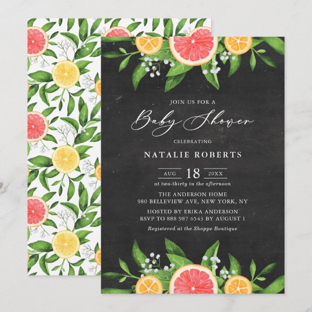 Invitation Baby shower de tableau noir de pamplemousse et d'o (Devant / Derrière)