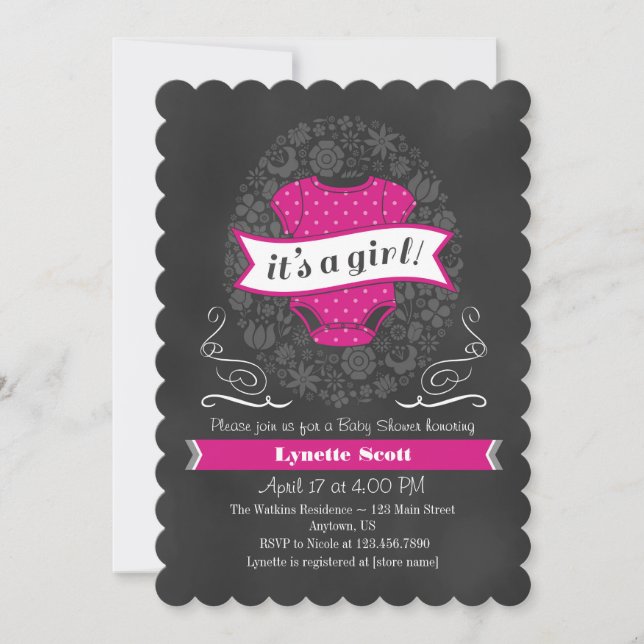 Invitation Baby shower de tableau noir rose chaud (Devant)
