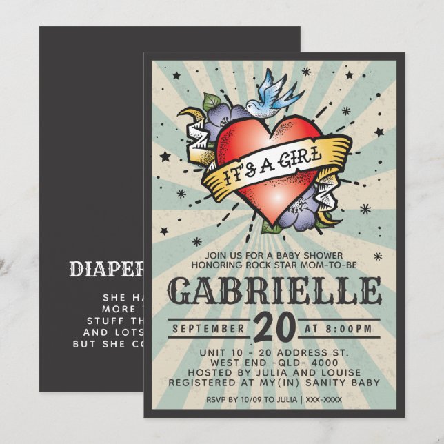 Invitation Baby shower de tatouage Blue Rock et Roll Invitati (Devant / Derrière)