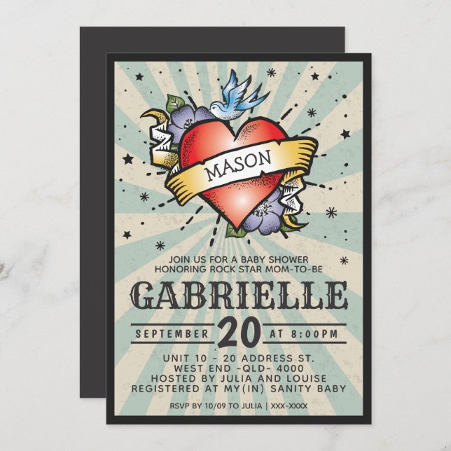Invitation Baby shower de tatouage Rock et Roll Baby Name (Devant / Derrière)