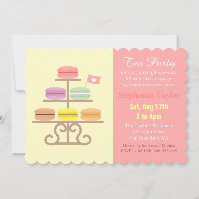 Invitation Baby shower de Tea Party de Macarons français, ros (Devant)