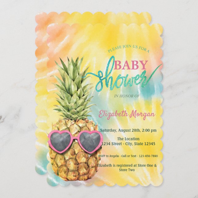 Invitation Baby shower de teinture tropicale à l'ananas cool (Devant / Derrière)
