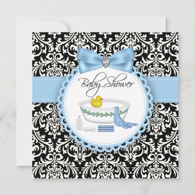 Invitation Baby shower de temps de bain noir et bleu Damask (Devant)