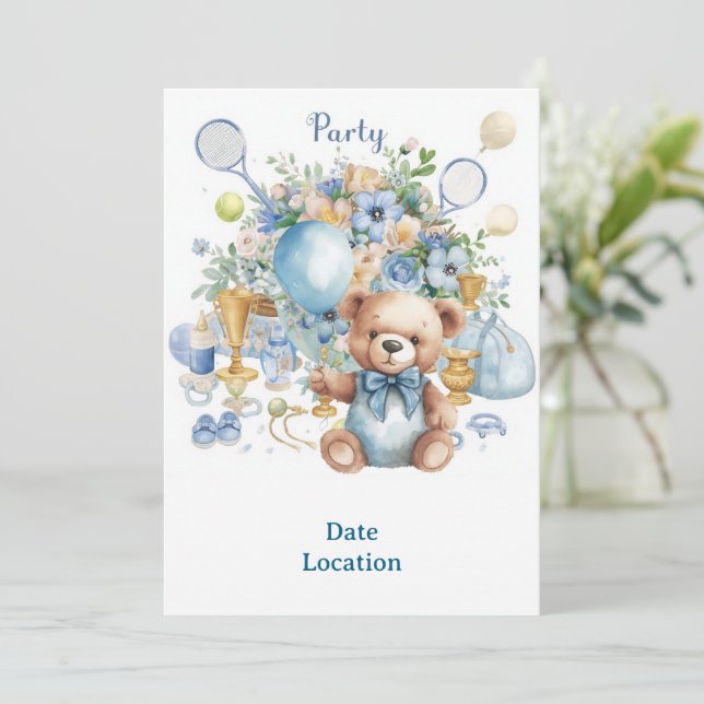 Invitation Baby shower de tennis pour bébé garçon bleu thème (Debout devant)