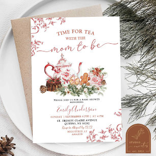 Invitation Baby Shower de thé de Noël Rouge Chinoiserie