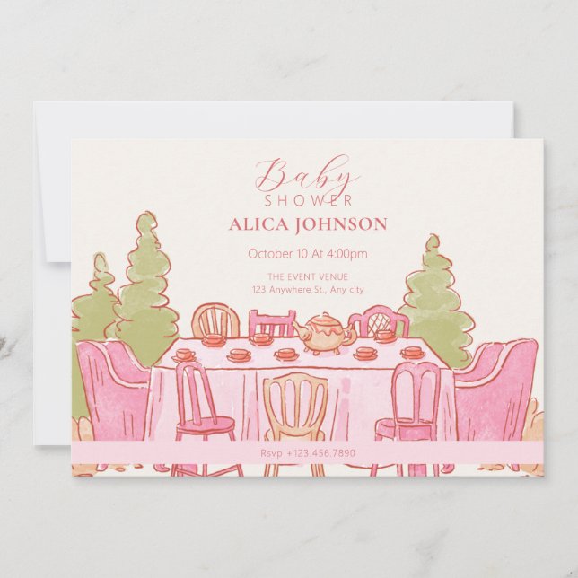 Invitation Baby shower de thé pastel rose féminin (Devant)