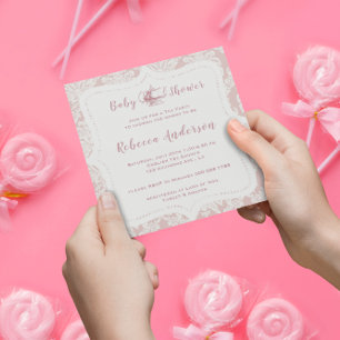 Invitation Baby shower de thé vintage French Pink Damask