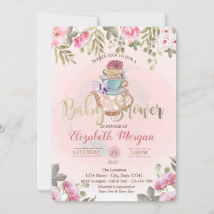 Invitation Baby shower de théière Fleurs d'aquarelle