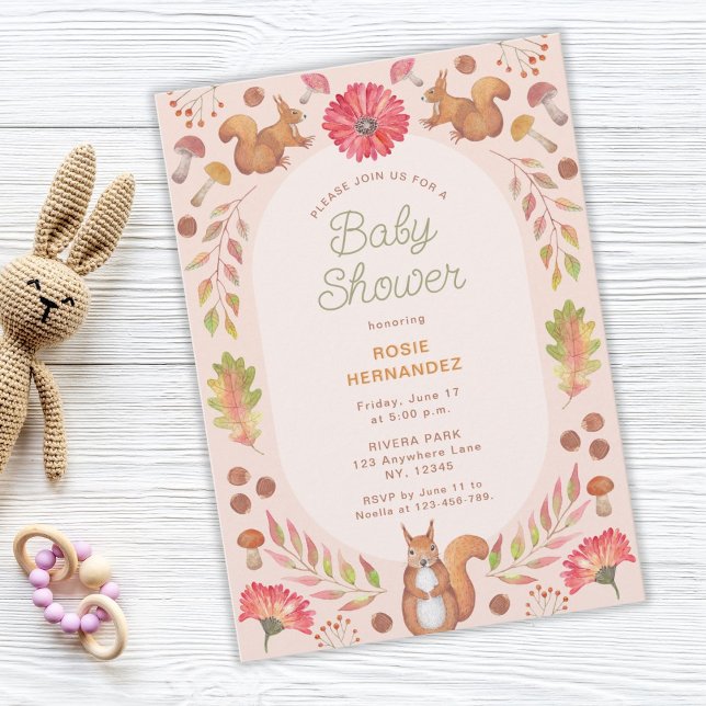Invitation Baby shower de thème de chute symétrique aquarelle (autumn fall baby shower, squirrel, nuts, leaves, flowers)