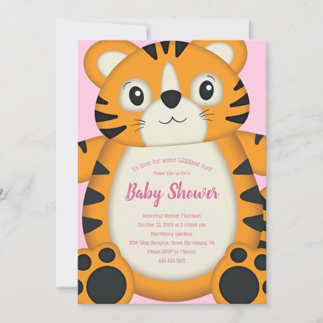 Invitation Baby shower de tigre Safari fille rose (Devant)