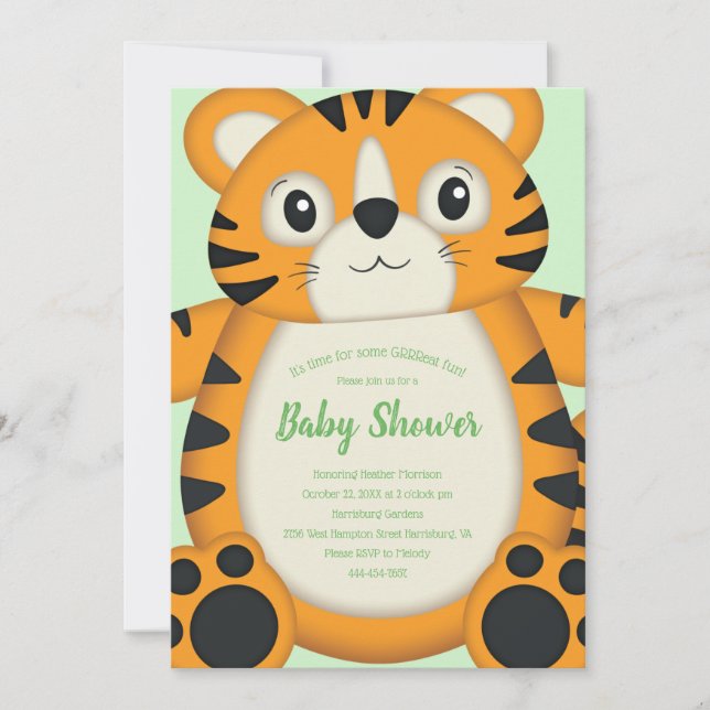 Invitation Baby shower de tigre vert (Devant)