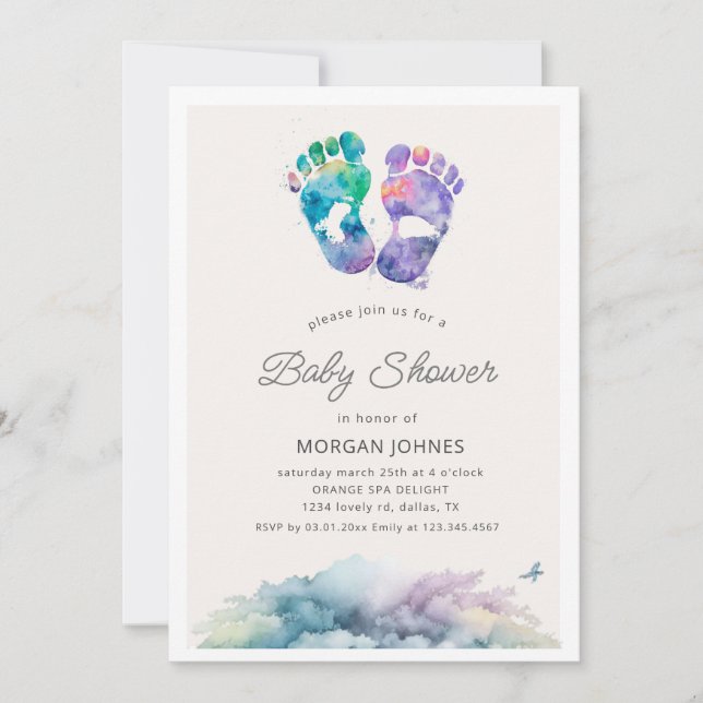 Invitation baby shower de timbre pied aquarelle (Devant)