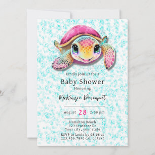 Invitation Baby shower de tortue rose et Turquoise