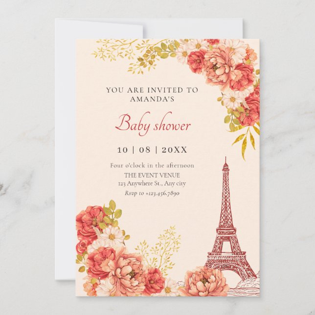 Invitation Baby shower de tour Floral Paris Eiffel (Devant)