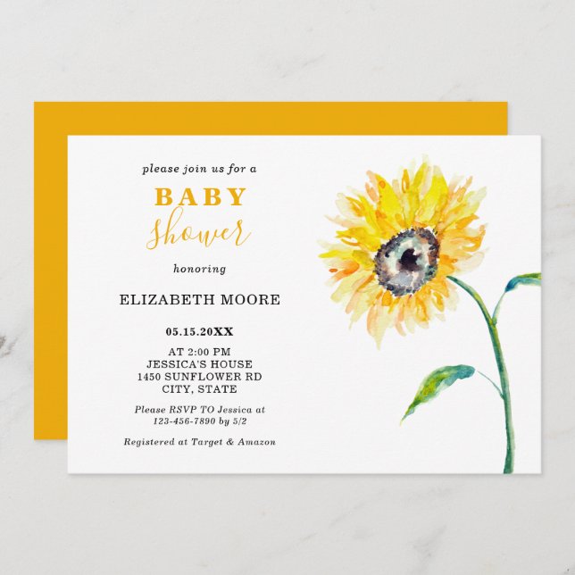 Invitation Baby shower de tournesol aquarelle élégant simple (Devant / Derrière)